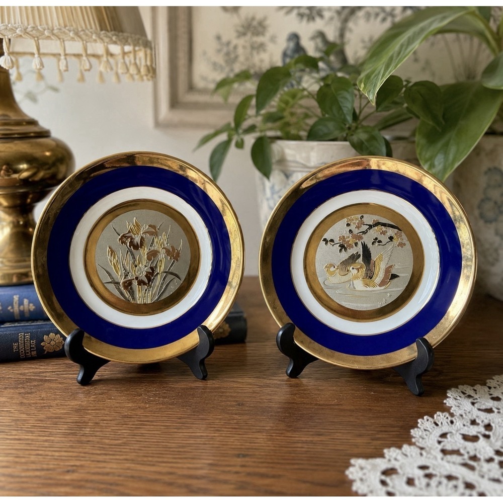 Vintage Japanese Chokin Collector Plates Lot 2 Cobalt Blue Gold Iris Ducks Japan